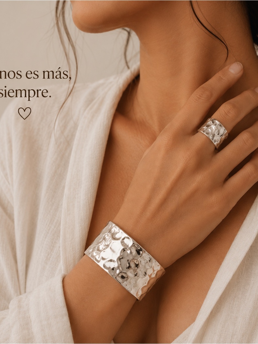Hammered Silver Cuff Bracelet and Ring Set